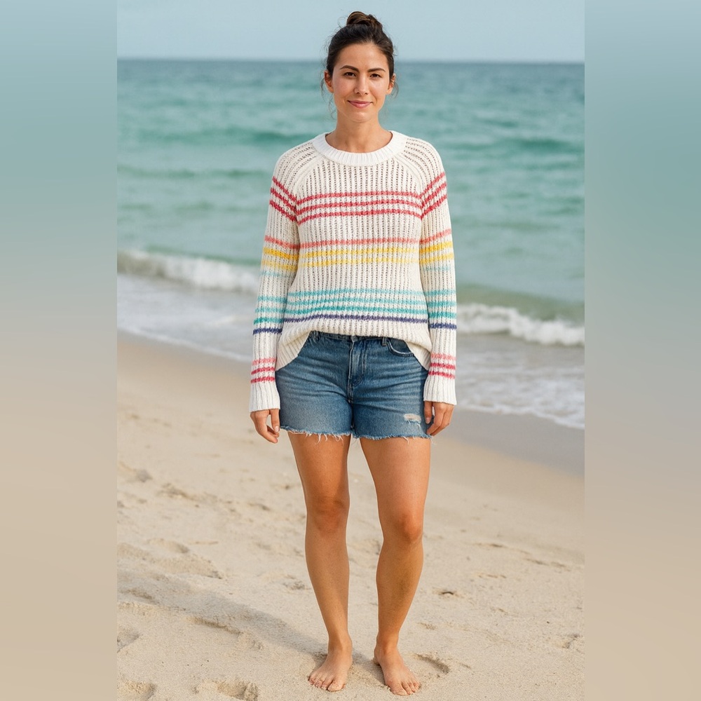 Talbots Happy Stripe Open Stitich Raglan Sweater‎ Womens XL Rainbow 100% Cotton